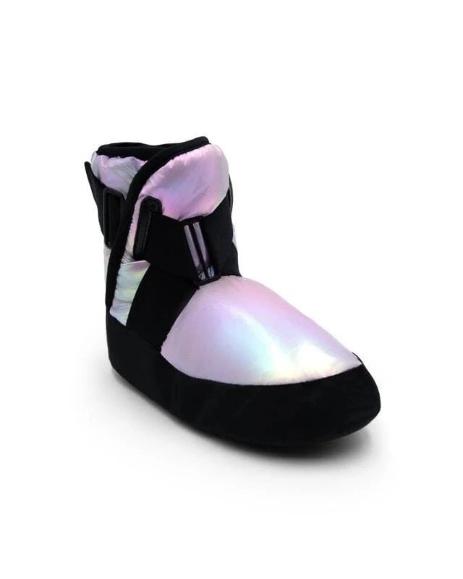A single black boot with a large iridescent holographic toe cap and matching iridescent heel detail, shown on a plain white background.