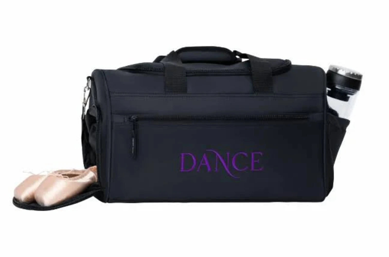 A black dance bag with the word 'DANCE' printed in purple on the front, shown on a white background with ballet slippers and a water bottle in its side pockets.