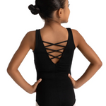 Person wearing a black tank leotard with criss-cross back design on a white background