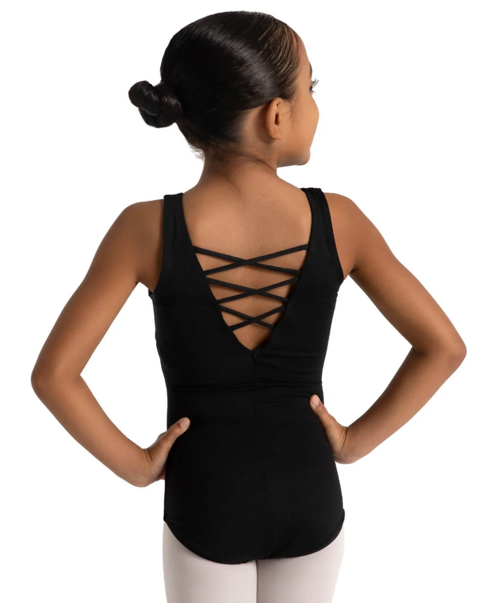 Person wearing a black tank leotard with criss-cross back design on a white background