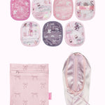 Set of pink and gray pouches with various patterns on a white background