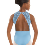 A child model shown from the back wearing a light blue leotard with a lace-embroidered open back and pale pink leggings, against a plain white background.