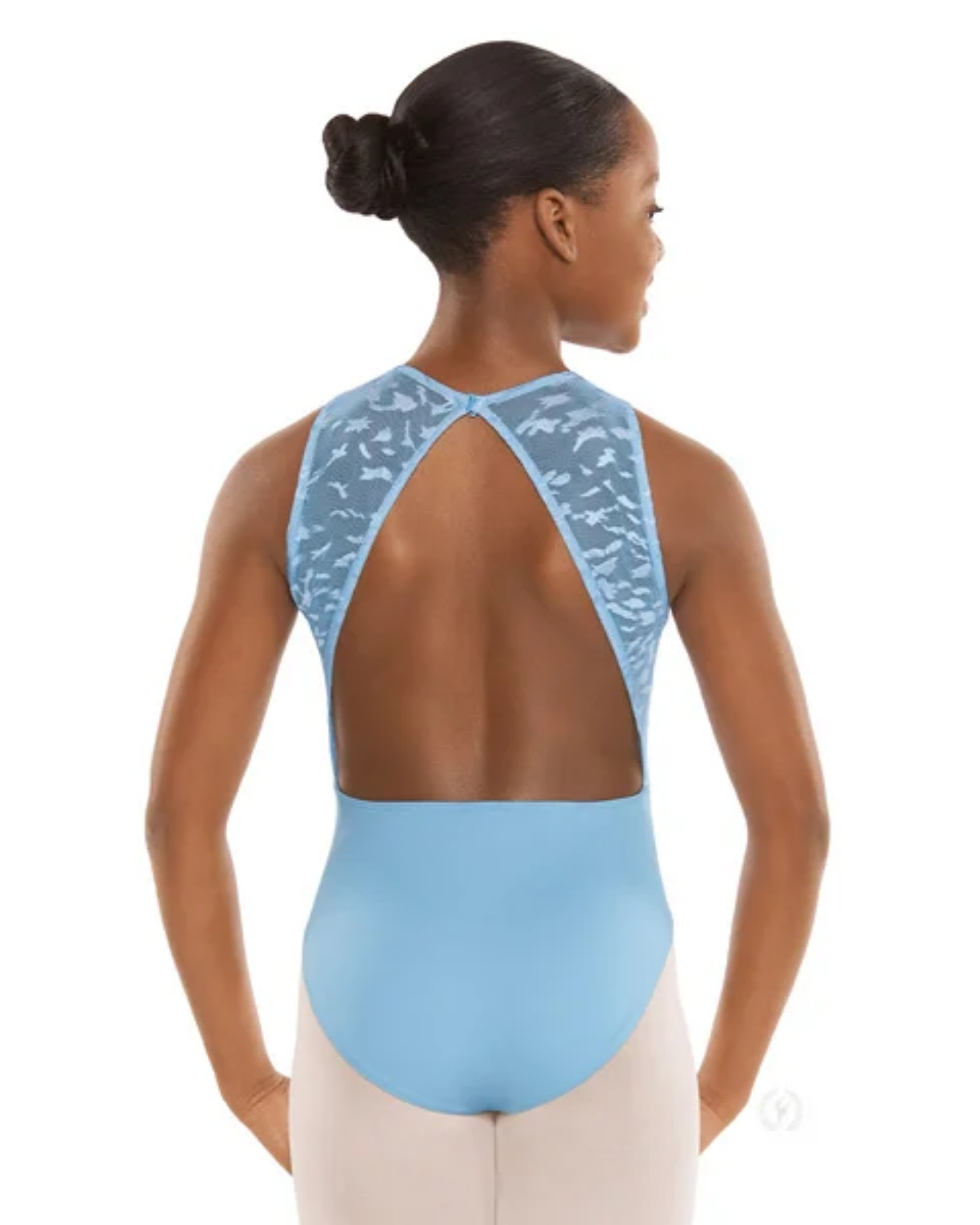 A child model shown from the back wearing a light blue leotard with a lace-embroidered open back and pale pink leggings, against a plain white background.