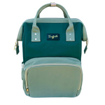 A two-tone backpack in sage green, featuring a top handle, a front zippered pocket, and a central black brand patch that reads 'Suffolk'.