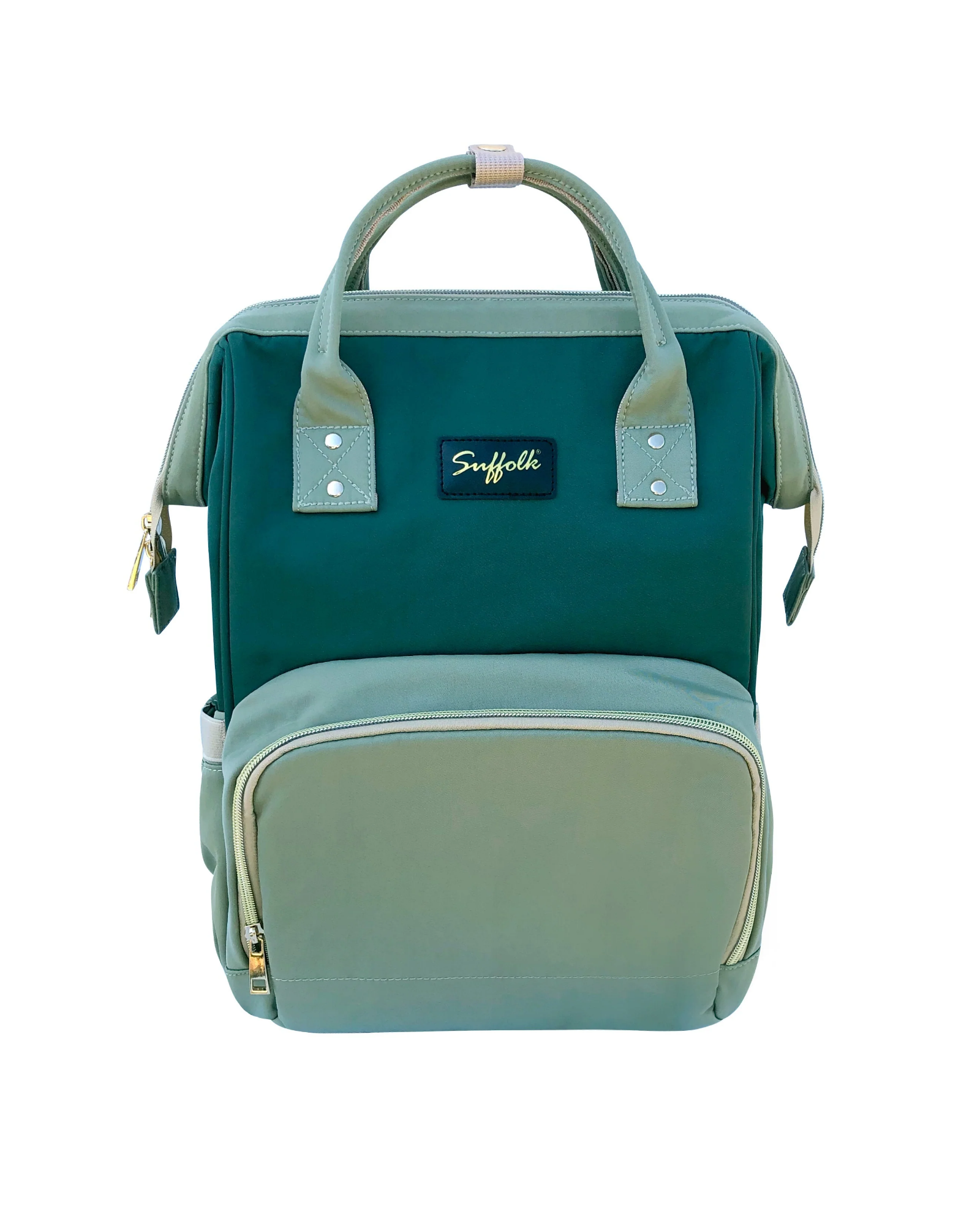 A two-tone backpack in sage green, featuring a top handle, a front zippered pocket, and a central black brand patch that reads 'Suffolk'.