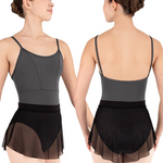 A model shown from the front and back wearing a dark gray and black dance leotard with a sheer black tulle skirt, against a plain white background.