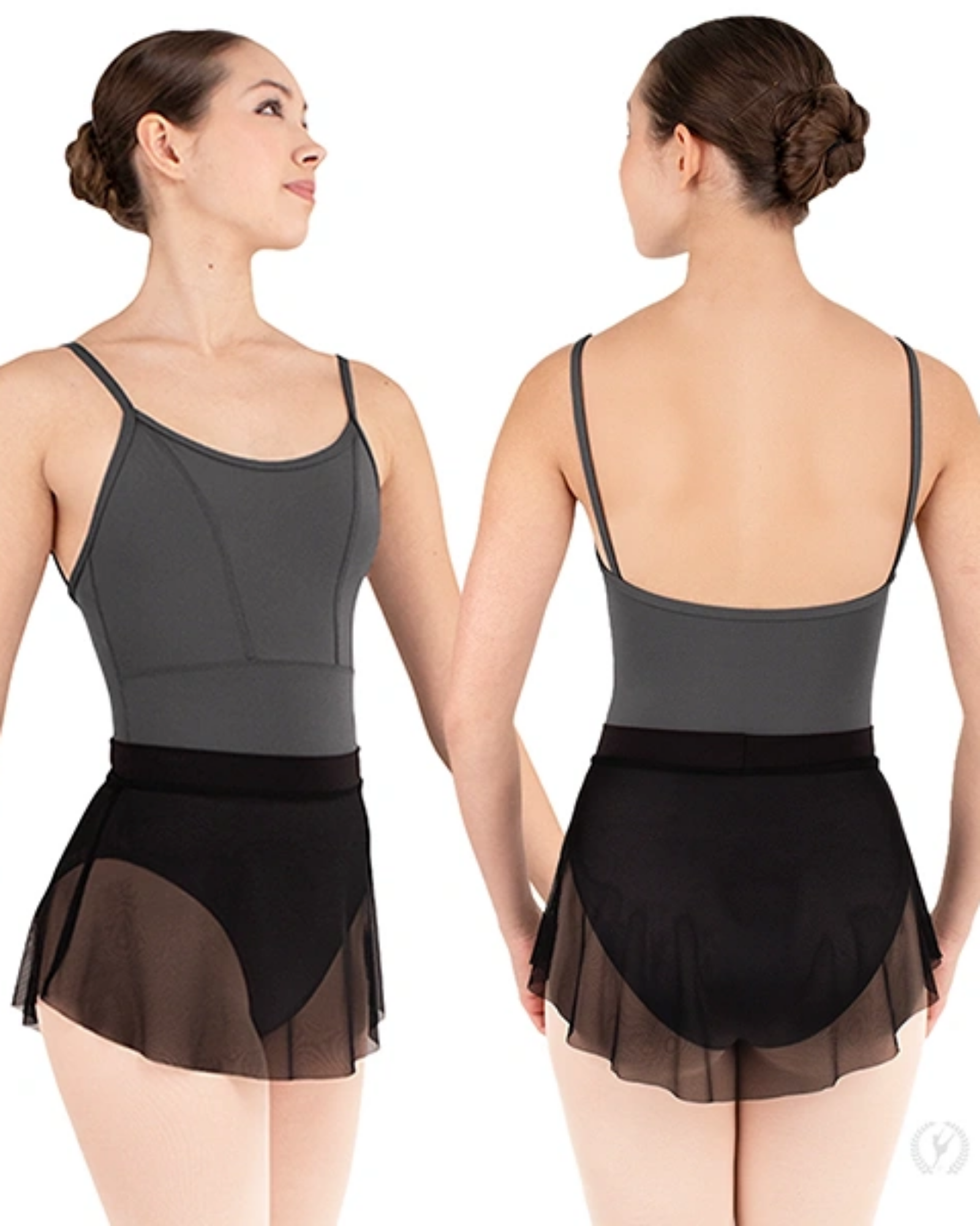 A model shown from the front and back wearing a dark gray and black dance leotard with a sheer black tulle skirt, against a plain white background.