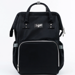 Black backpack with a visible brand logo on a white background