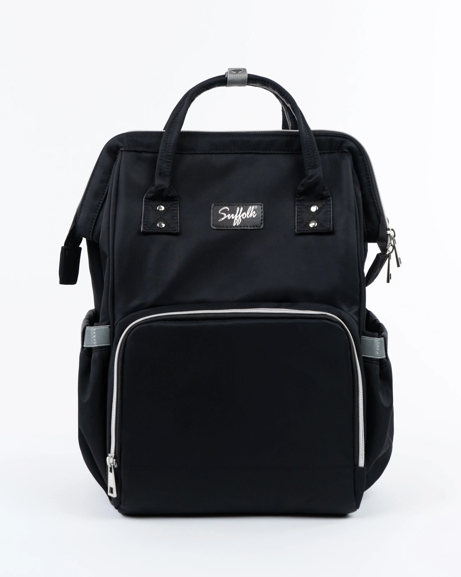 Black backpack with a visible brand logo on a white background