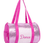 Pink and silver glitter dance bag with 'Dance' text on a white background