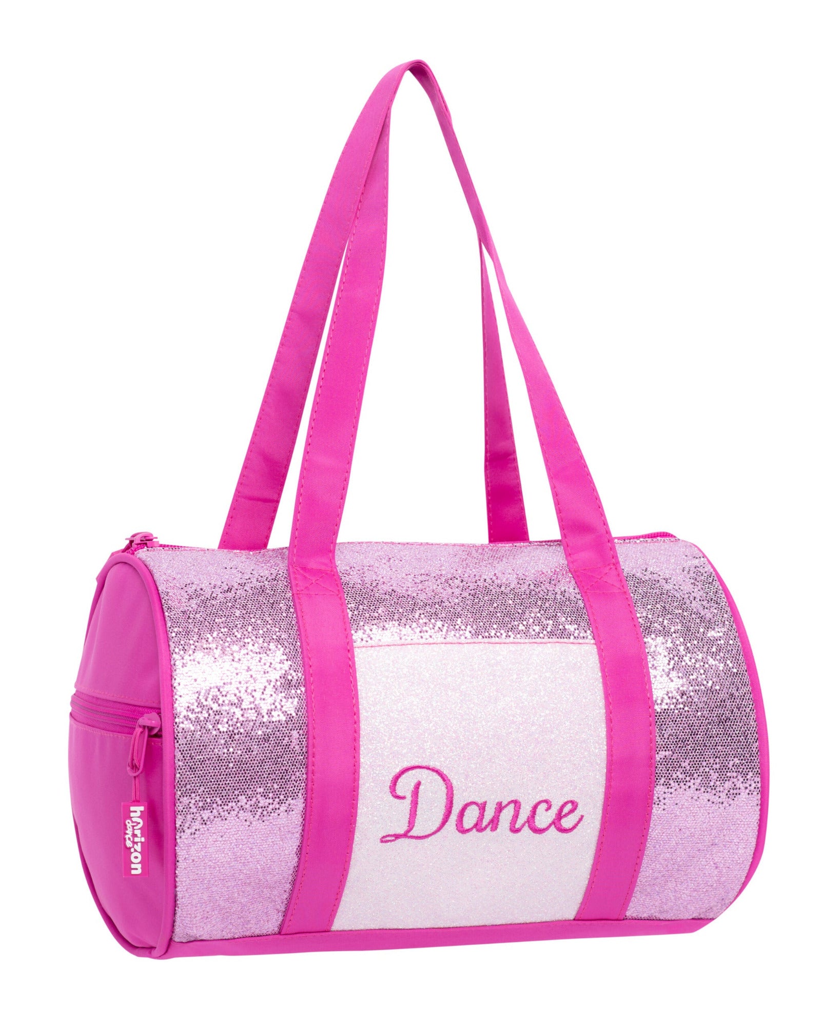 Pink and silver glitter dance bag with 'Dance' text on a white background