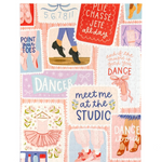 Colorful patchwork design with dance-themed illustrations and text on a white background