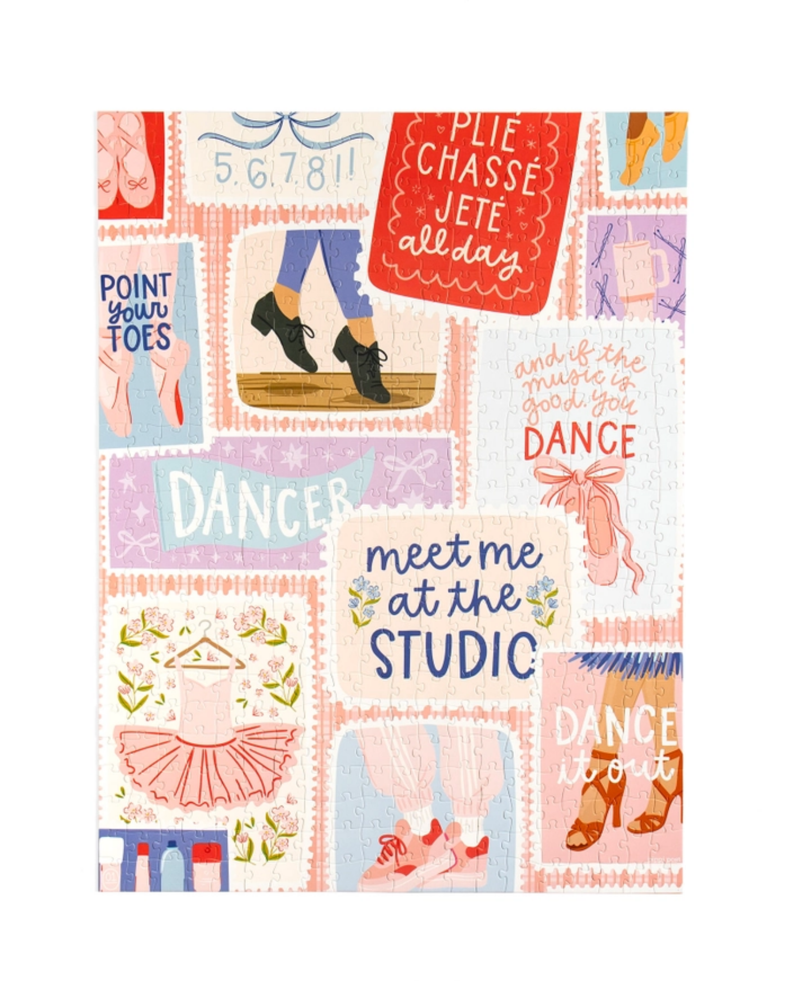Colorful patchwork design with dance-themed illustrations and text on a white background