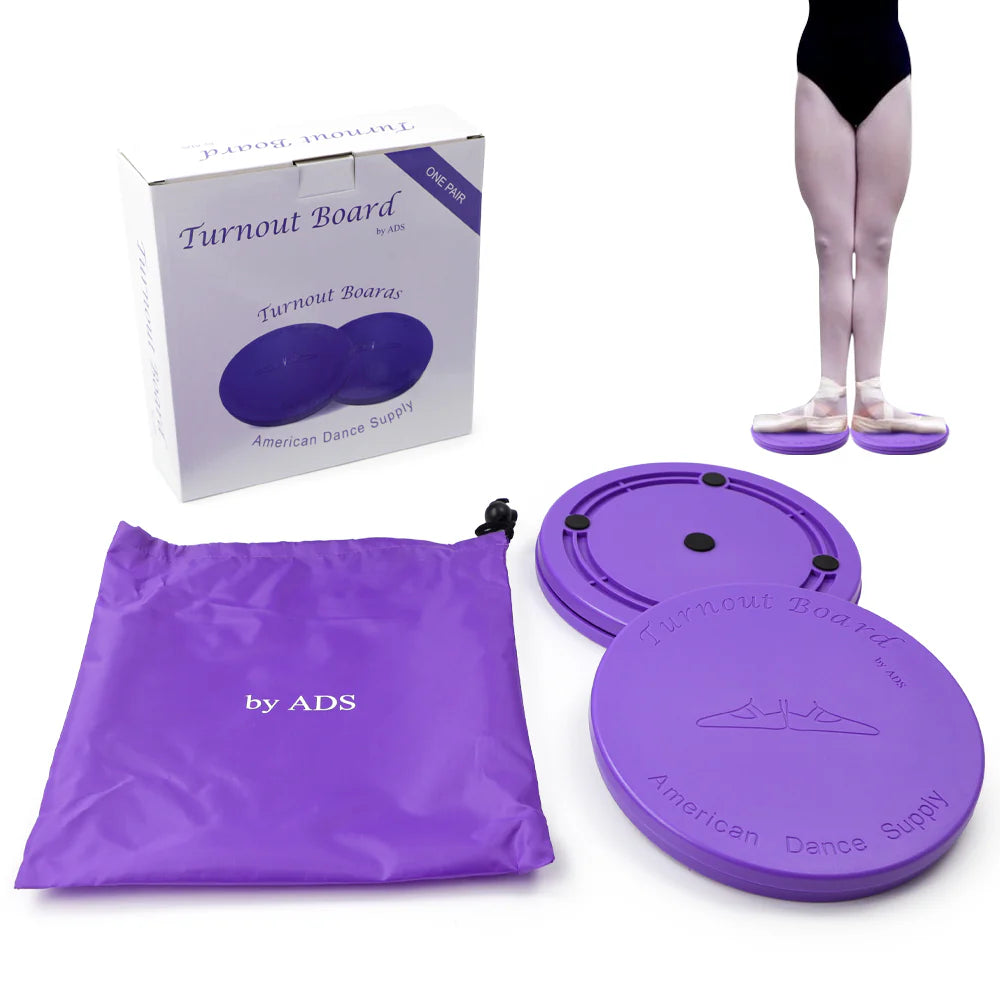 Purple circular dance support board set with a matching drawstring bag, product box, and a model's legs wearing ballet shoes demonstrating use, on a white background.