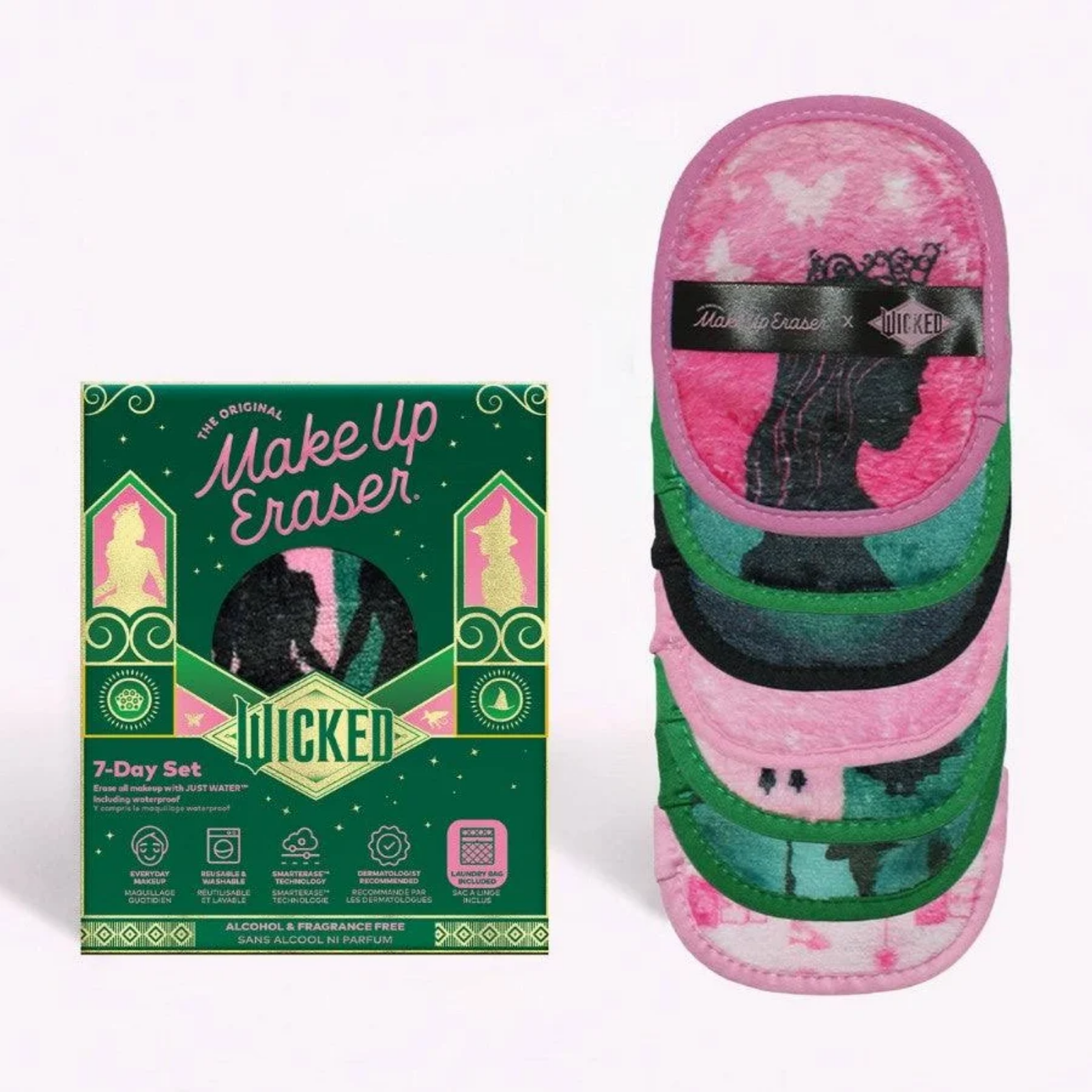 Makeup eraser with pink and green design next to its packaging on a white background