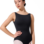 Person wearing a black leotard on a white background