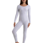 Person wearing a white full-body suit on a white background