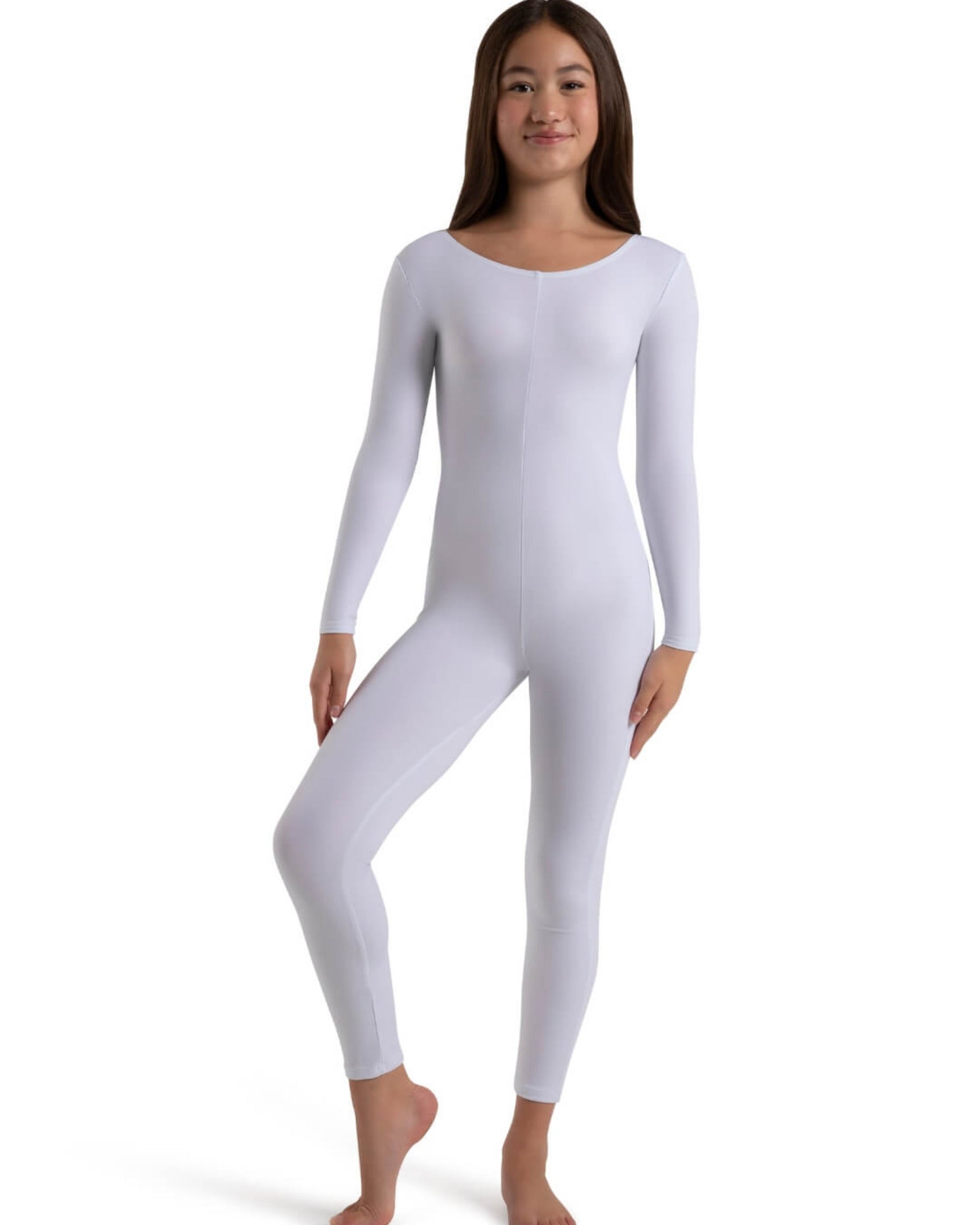 Person wearing a white full-body suit on a white background