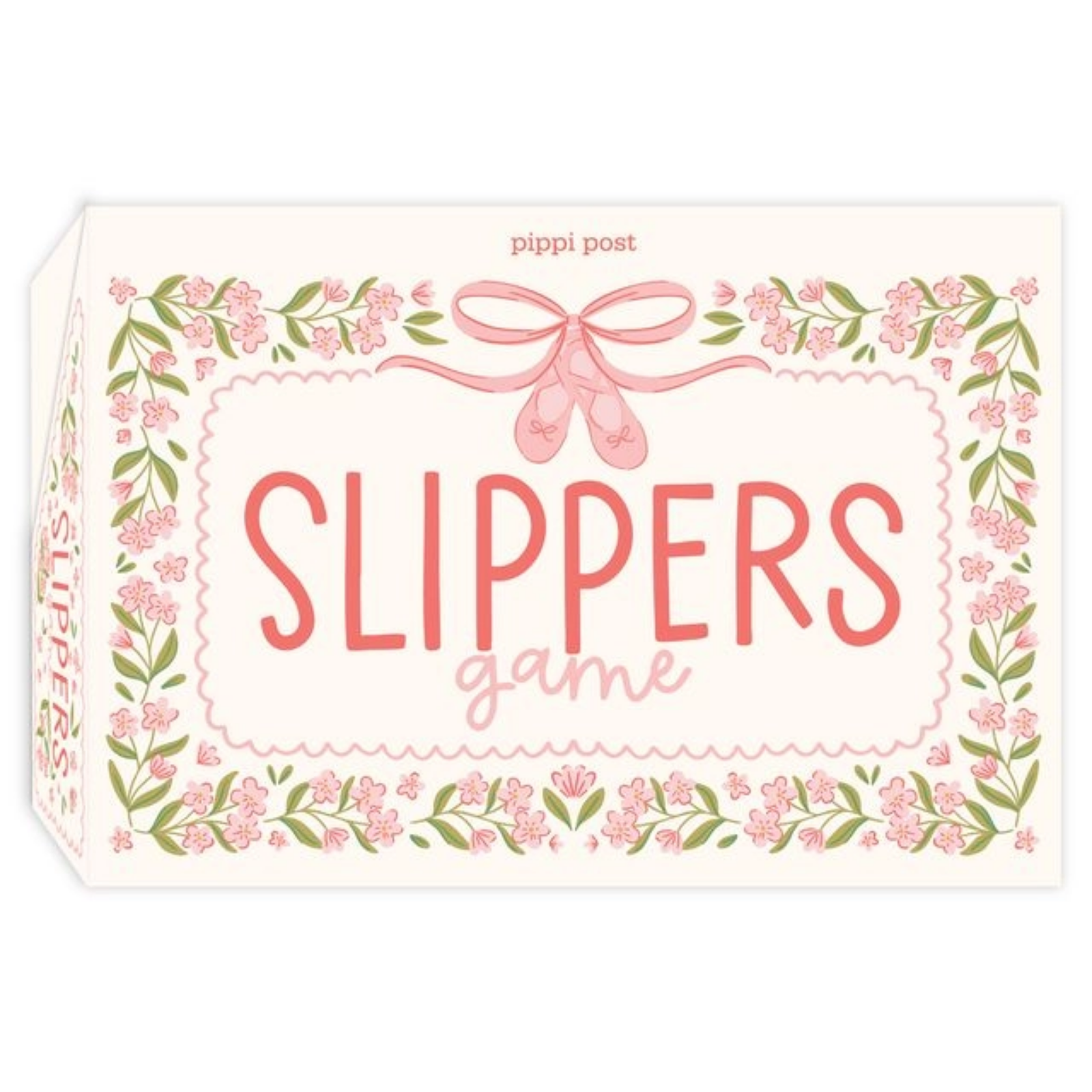 The product packaging for 'Slippers Game' by Pippi Post, featuring a cream-colored box decorated with pink slippers, a pink bow, and a border of pink flowers and green leaves.