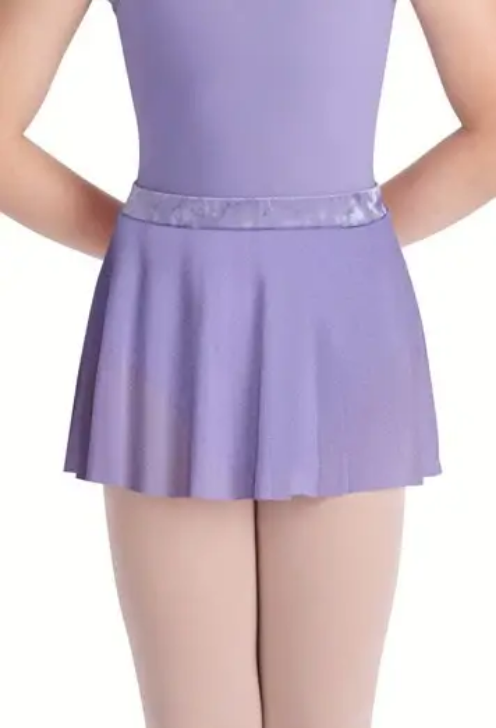 A child wearing a lavender purple dance leotard with a matching skirt and a shiny lavender waistband, paired with light pink tights, shown from the chest down against a white background.