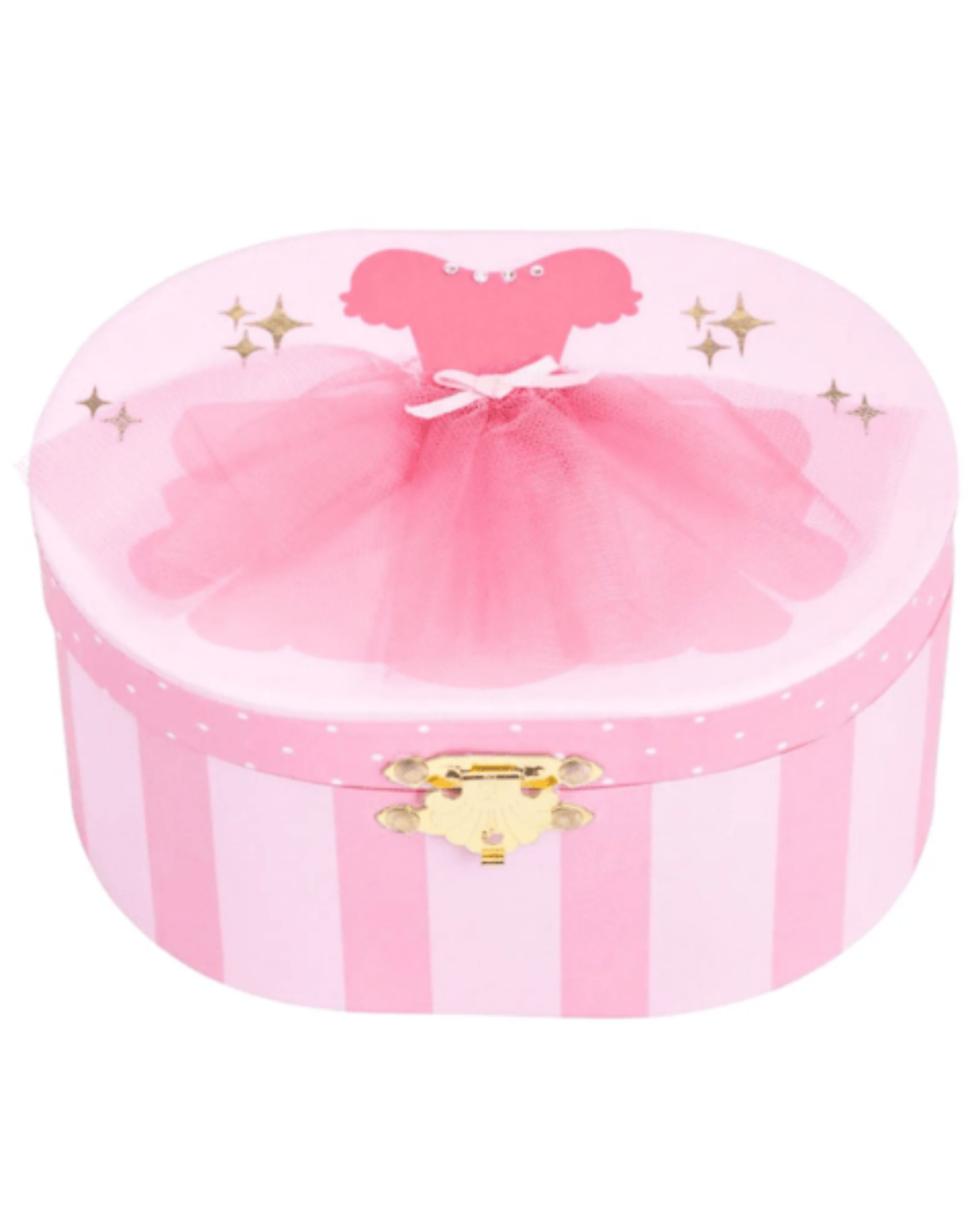 A pink round music box or storage box with a ballerina theme, featuring a pink tutu skirt design on the lid, pink and white vertical stripes on the body, and a small gold clasp.