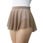 A beige mesh dance skirt with a wide waistband and a small black brand tag, shown on a mannequin torso against a white background.