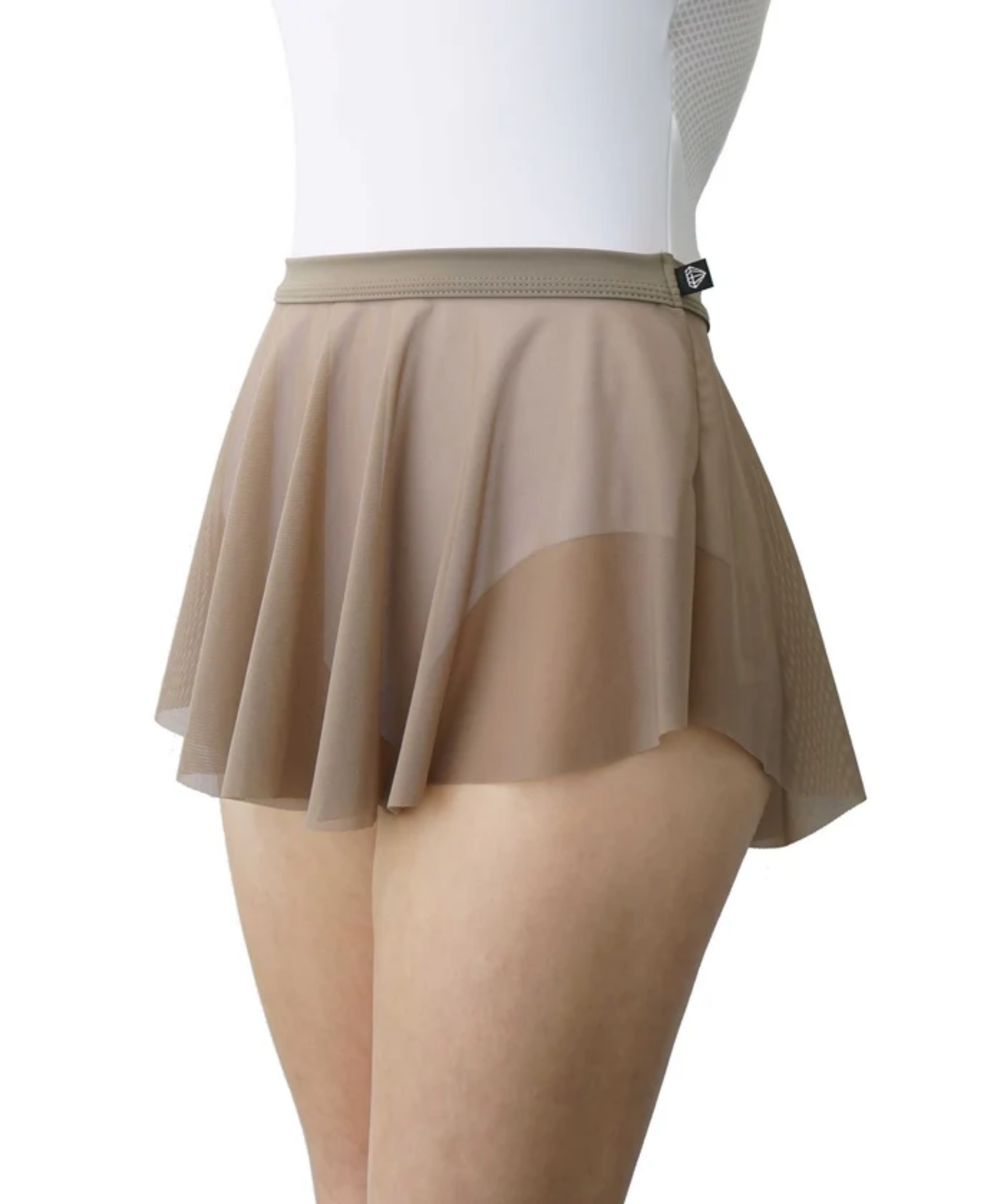 A beige mesh dance skirt with a wide waistband and a small black brand tag, shown on a mannequin torso against a white background.