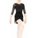 Dancer in a black leotard and beige tights on a white background