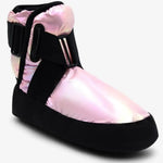 A single mid-calf slipper with a shiny light pink iridescent puffer upper, black elastic straps, and a thick black sole, shown on a light gray background.