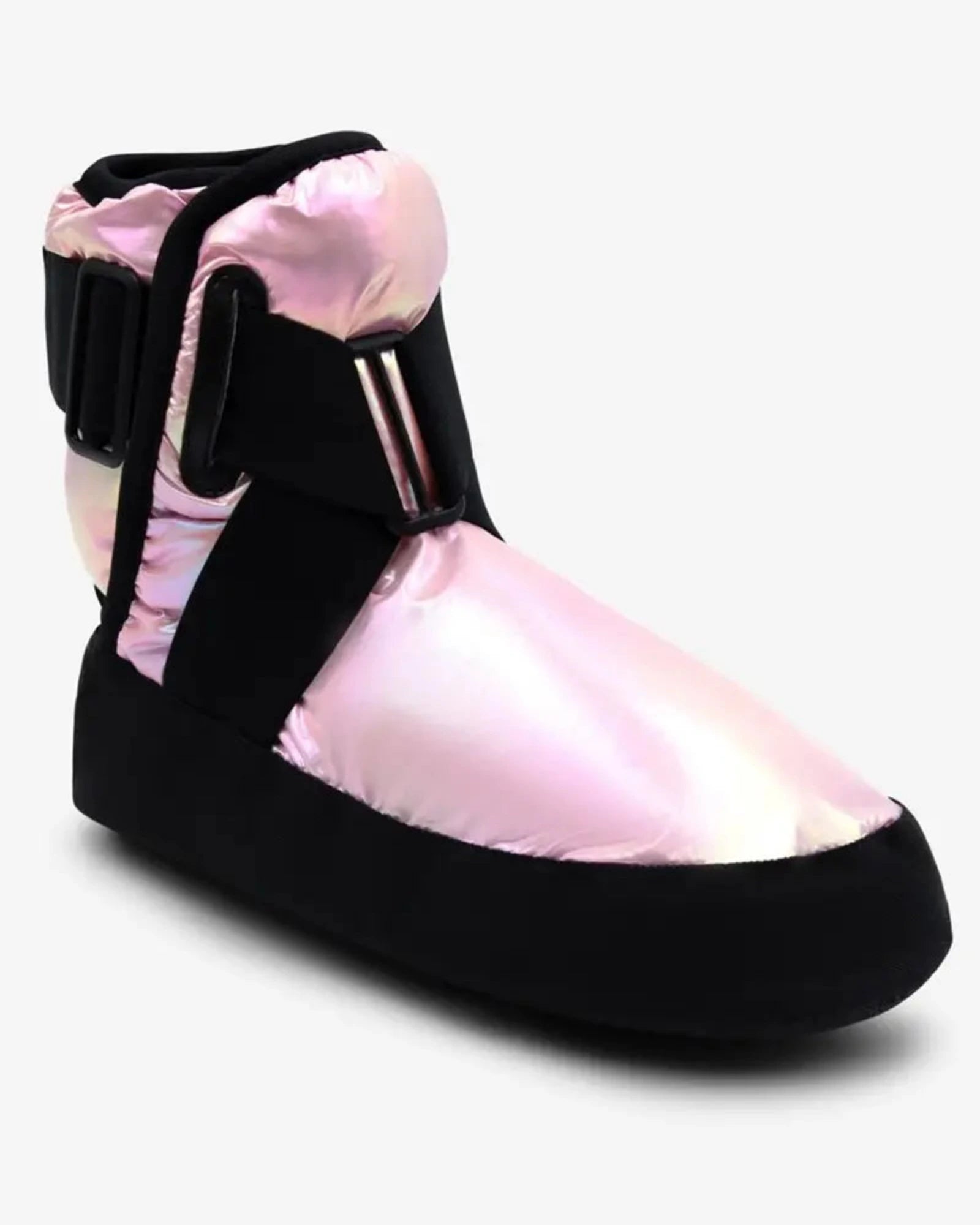 A single mid-calf slipper with a shiny light pink iridescent puffer upper, black elastic straps, and a thick black sole, shown on a light gray background.