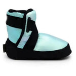A light blue and black slipper boot with a plush, padded design and a hook-and-loop strap closure, shown against a plain white background.