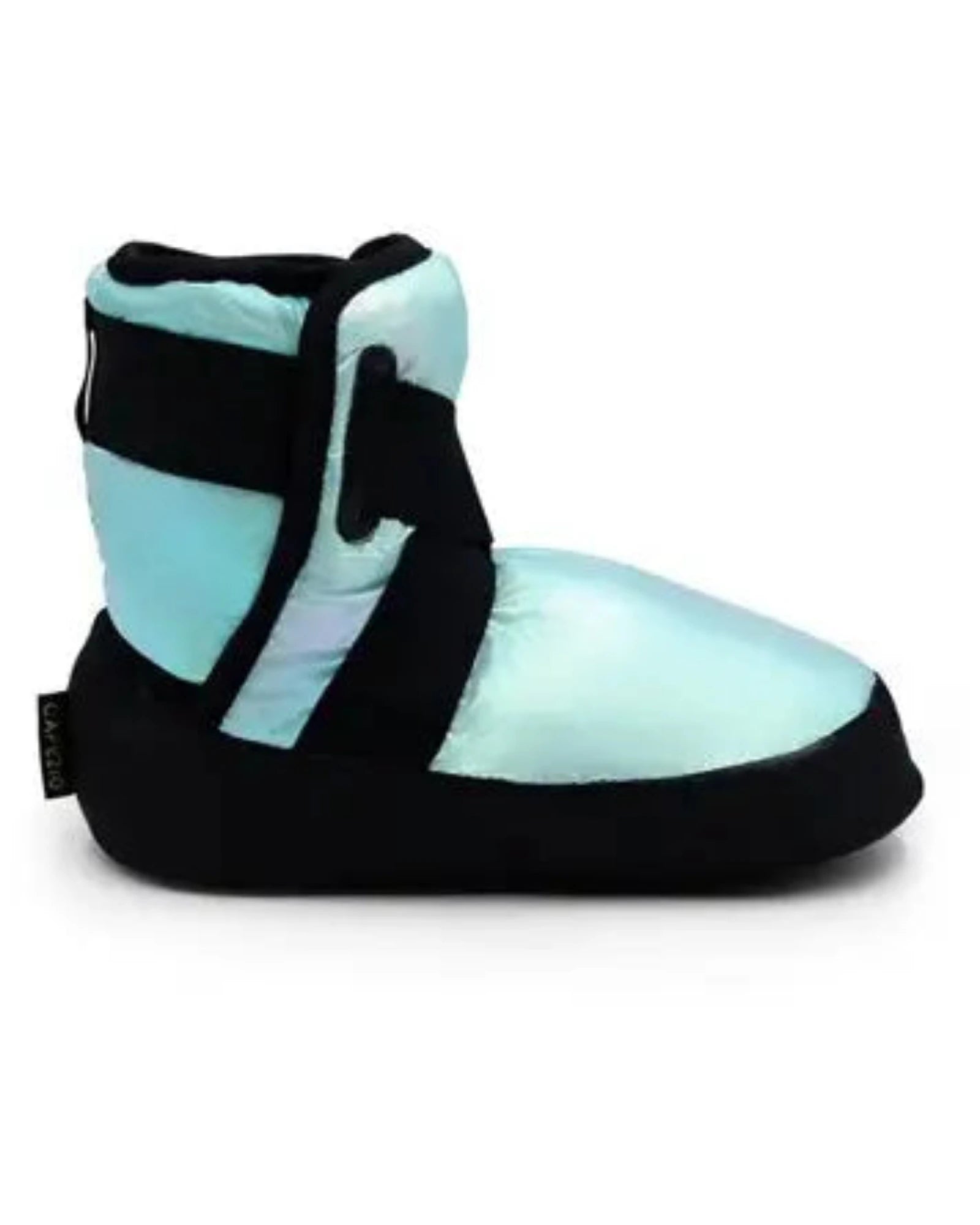 A light blue and black slipper boot with a plush, padded design and a hook-and-loop strap closure, shown against a plain white background.