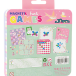 Magnetic Fun & Games craft kit in a pink and mint green metal tin with a hanger tab, showing various colorful craft activity cards and examples on the back of the packaging.