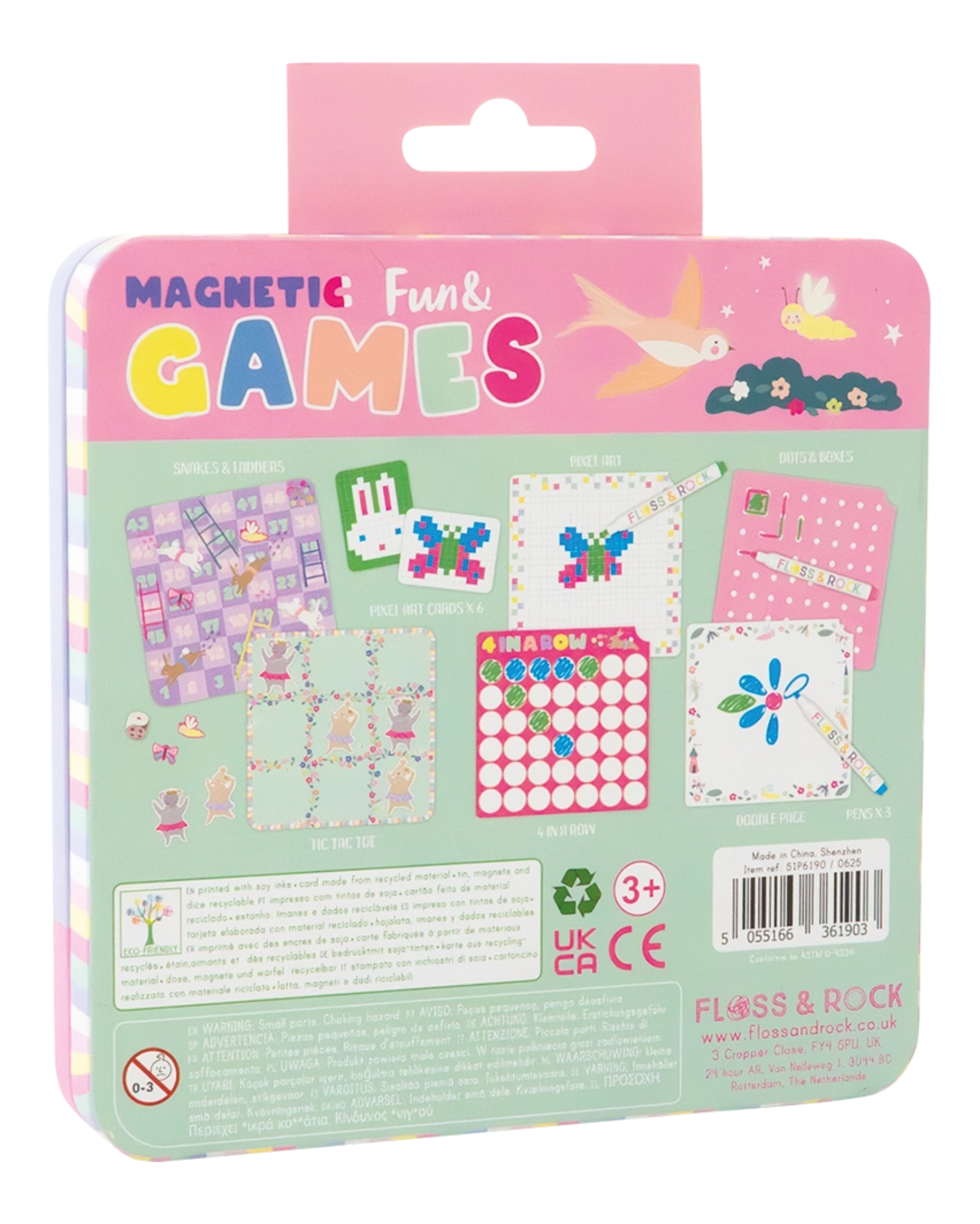 Magnetic Fun & Games craft kit in a pink and mint green metal tin with a hanger tab, showing various colorful craft activity cards and examples on the back of the packaging.