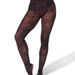 Black lace tights worn by a person on a white background