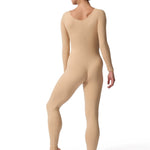 Person wearing a beige bodysuit on a white background