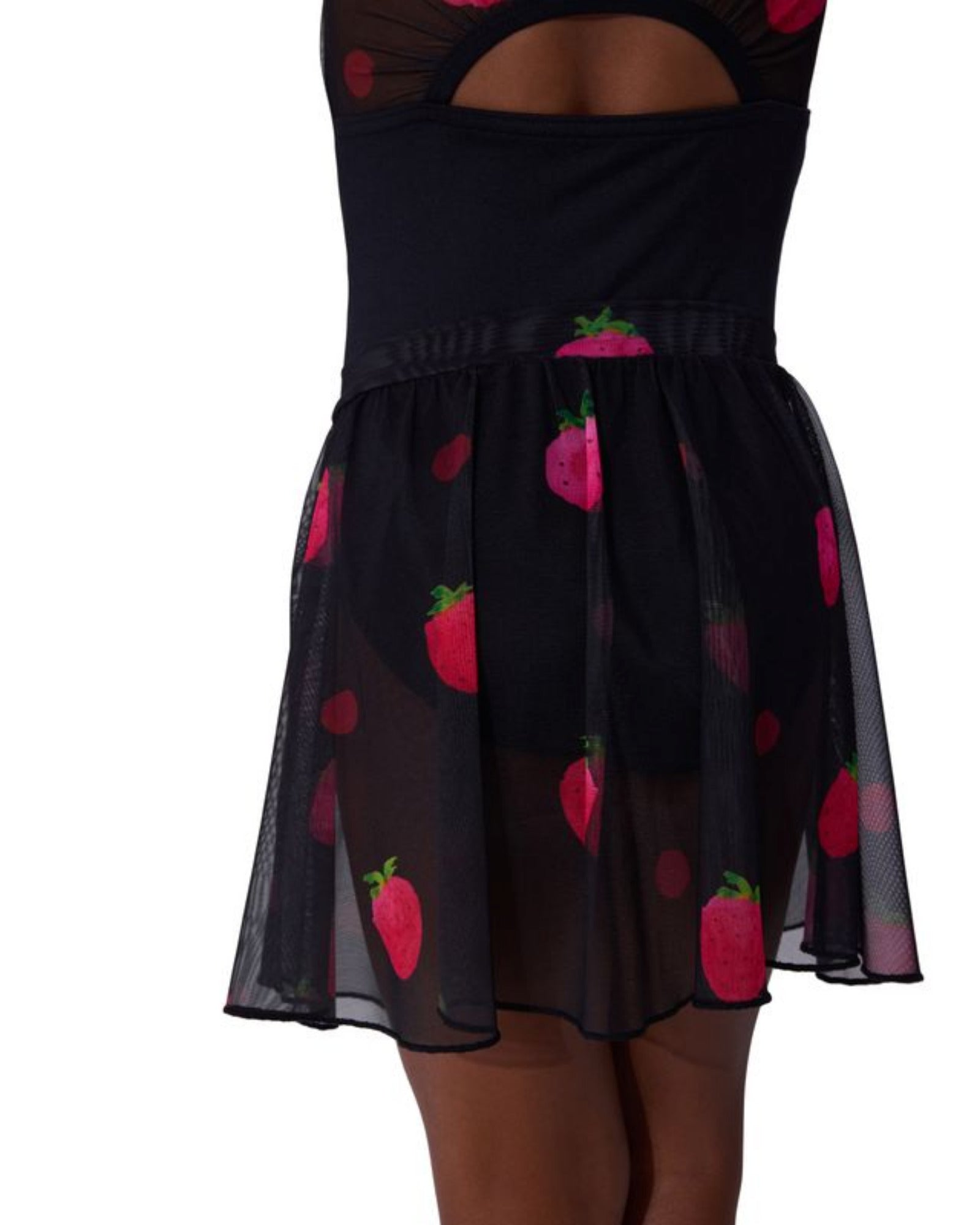 Black skirt with pink strawberry patterns on a white background