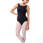 Ballerina wearing a black leotard and pink tights on a white background