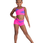Young girl wearing a pink and purple dance outfit on a white background