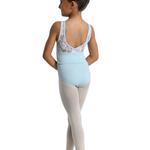A young girl dancer shown from the back, wearing a light blue leotard with lace detailing, light pink tights, and pink ballet slippers, set against a plain white background.