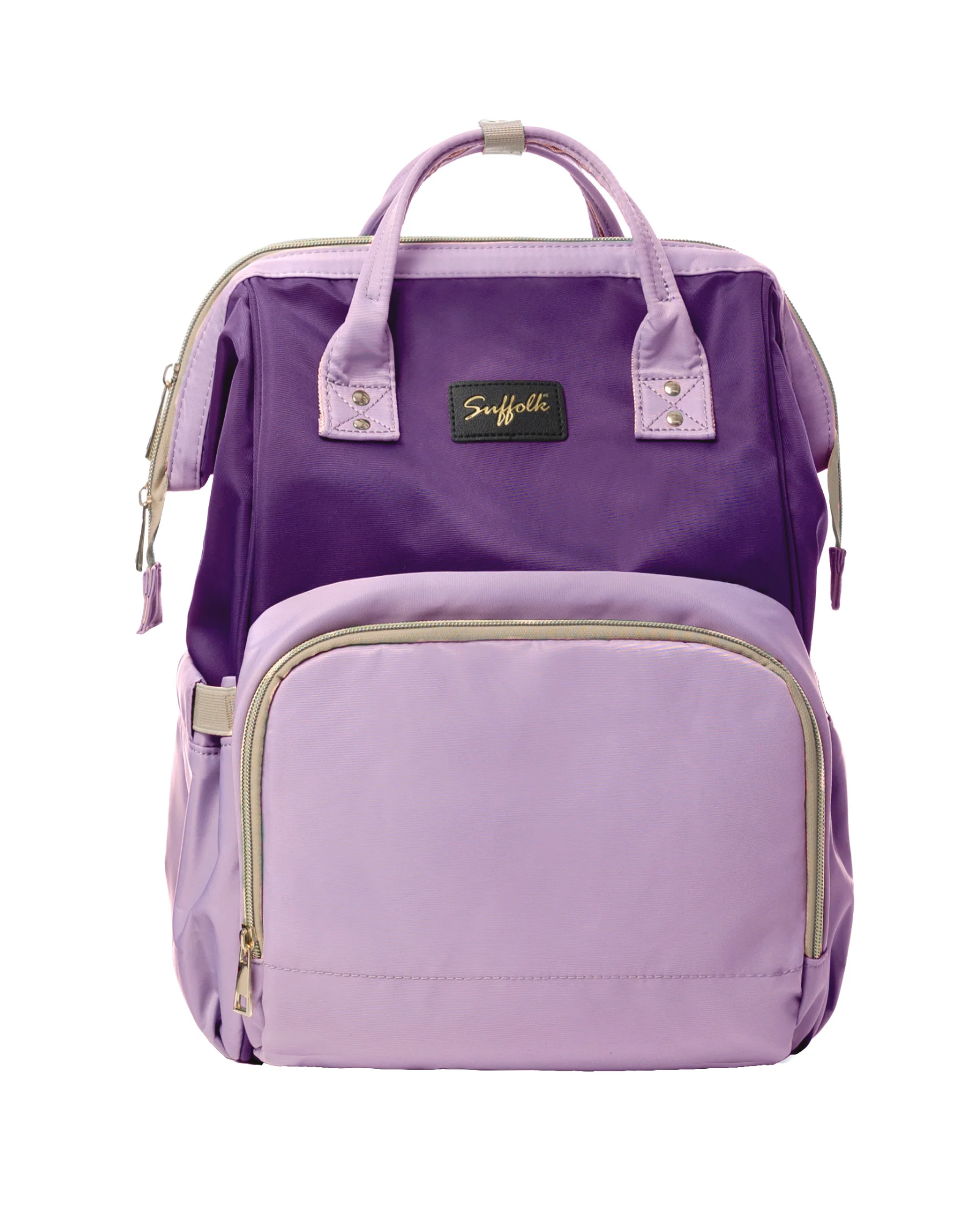 Purple backpack with a visible brand logo on a white background