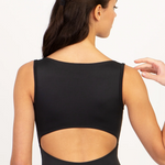 A woman shown from the back wearing a black sleeveless leotard with a large open-back cutout, against a plain light background.