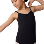 Young dancer wearing a black leotard on a white background
