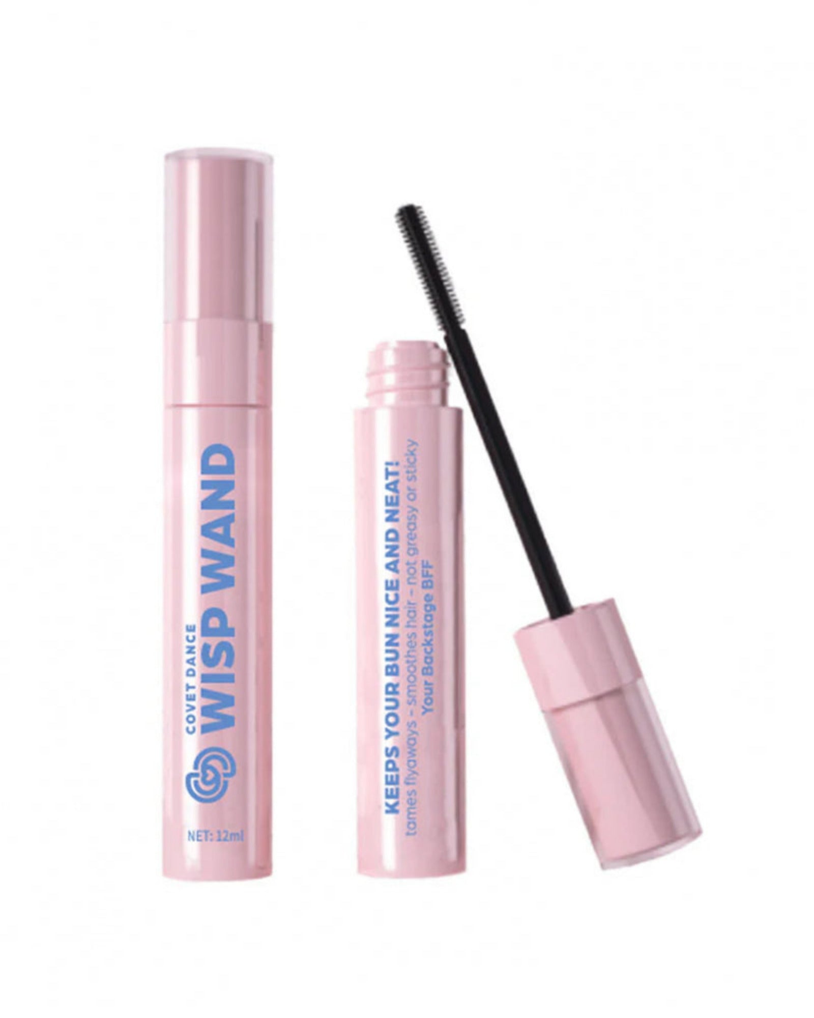 Pink mascara wand with packaging on a white background
