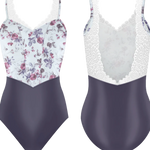 Two leotards with floral and lace details on a white background
