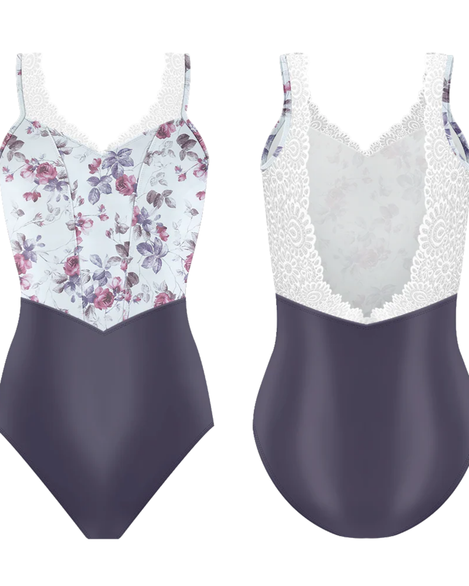 Two leotards with floral and lace details on a white background