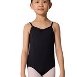 Young girl wearing a black leotard on a white background