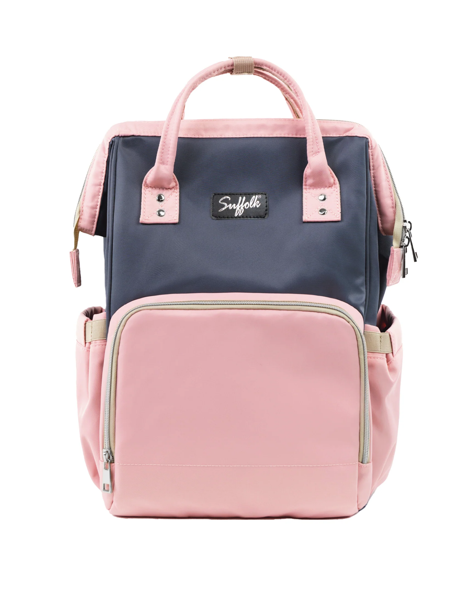 A pink and gray backpack with top handles, a front zippered pocket, and a small black brand patch reading 'Suffolk' on a white background.