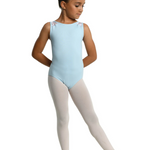 A young girl dancer wearing a light blue sleeveless leotard, pink tights, and ballet slippers, posed against a solid white background.