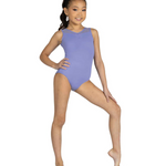 A young girl with her hair in a ponytail models a sleeveless lavender-blue leotard against a solid white background.